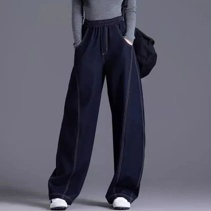 Elastic waist Wide leg Jeans Women's 2026 New Spring Autumn Loose High waist Sickle Shaped Knife Pants Female Casual Denim Pants