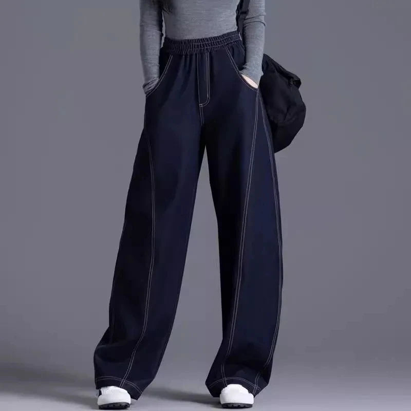 Elastic waist Wide leg Jeans Women's 2026 New Spring Autumn Loose High waist Sickle Shaped Knife Pants Female Casual Denim Pants