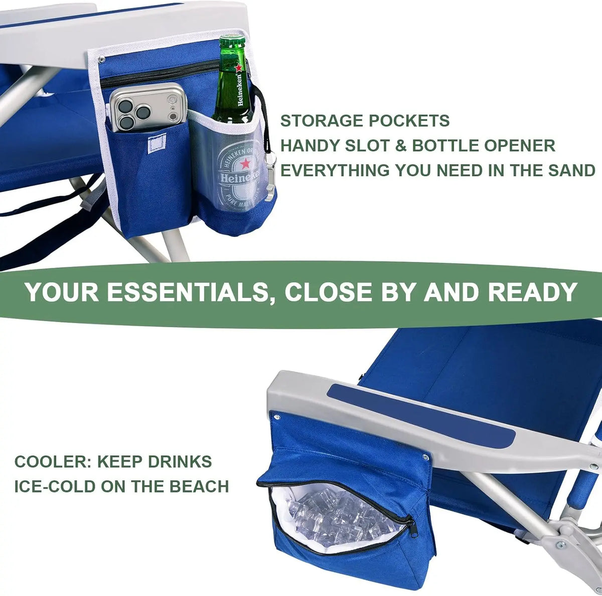 Extra Wide Beach Chair with Canopy Shade, 2 Pack Aluminum Folding Chairs with Detachable & Adjustable Umbrella, 5-Position Lay Flat, Cooler Bag, Cup & Phone Holder, Towel Bar, Royal Blue