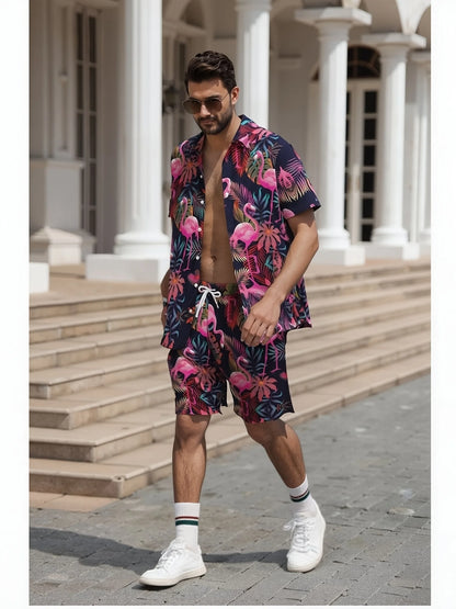 Men'S Summer 2025 Hawaiian Flamingo Pattern Short Sleeve Shirt and Shorts Set Casual Loose Fit for Vacation and Daily Wear