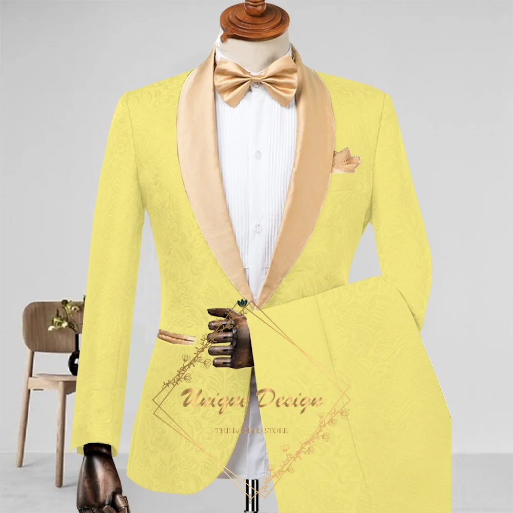 Champagne Men's Suit 2-Piece Set Satin Shawl Lapel Jacquard Jacket Pants Elegant Set for Wedding Groom Summer Party Dating Prom