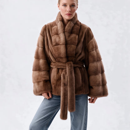 IG 2026 Women Stand Collar Belted Waist Faux Mink Fur Jacket Loose Long Sleeve Luxury Elegant Winter Party Daily Outer Coat