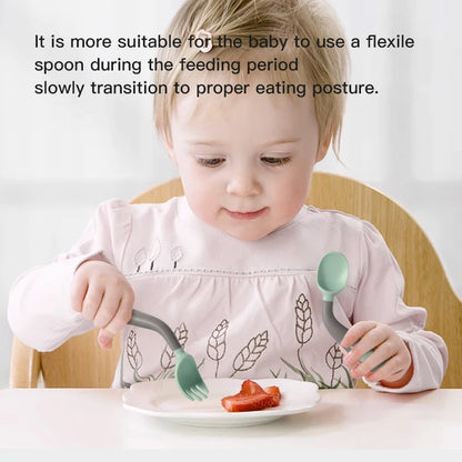 BPA Free Infant Baby Kids Children Feeding Training Non-Slip Flexible Twisting Fork Spoon Tableware