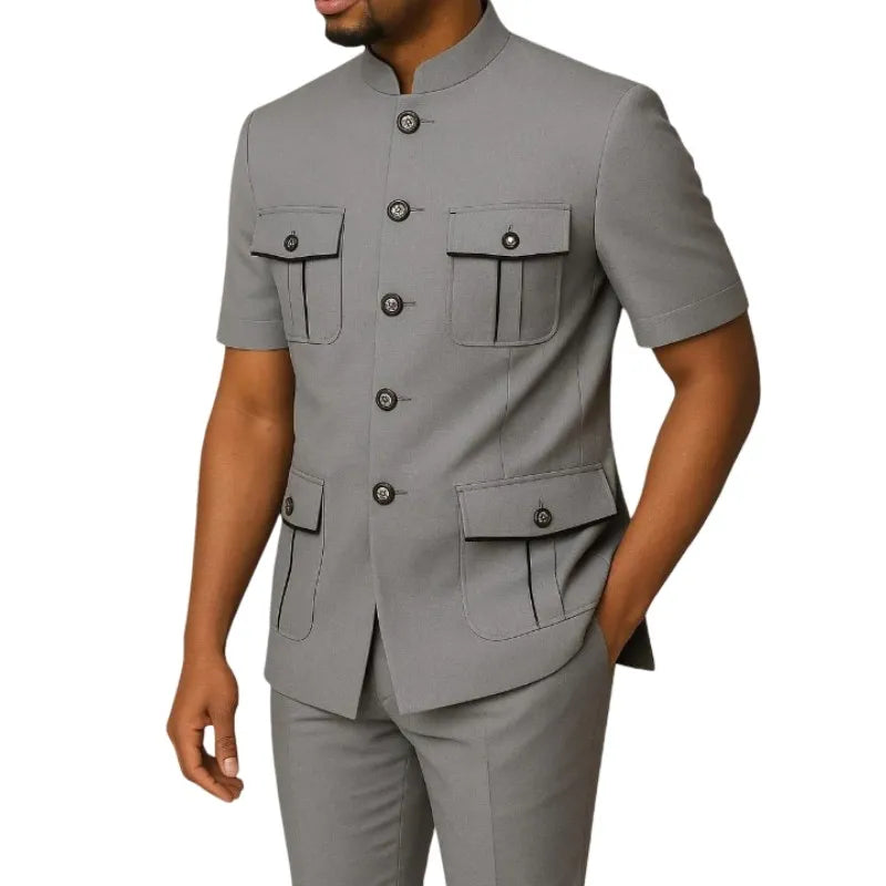 Safari Men Suits with Short Sleeves for Prom Party 2 Pieces Chinese Fashion Style Outdoors Costumes Suit Set Custom Made