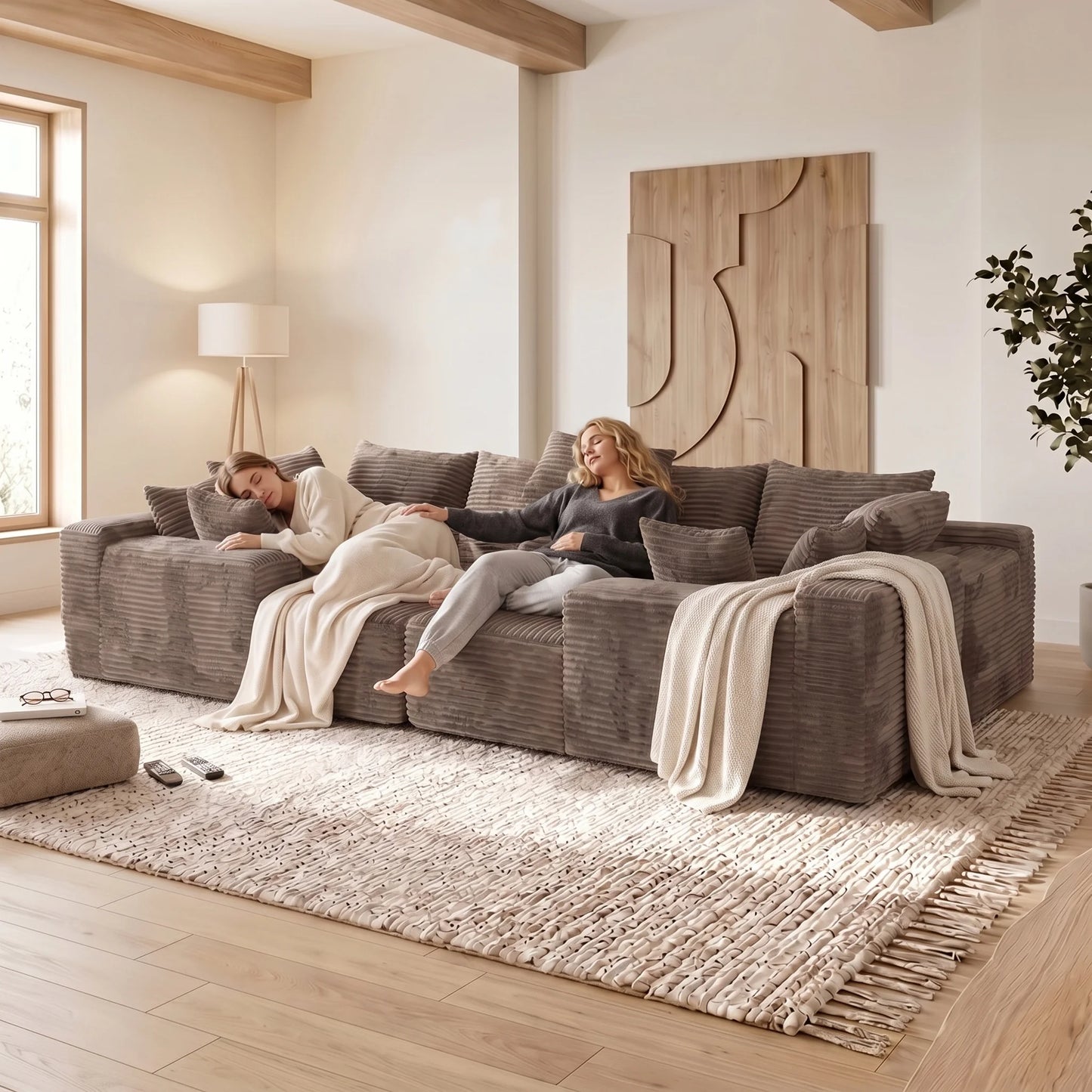 139 Inch U-Shaped Extra Large Corduroy Sectional Sofa Deep Seat Cloud Couch Modern Upholstered Fabric No Assembly Required for Family Gatherings Minimalist Living Room Furniture