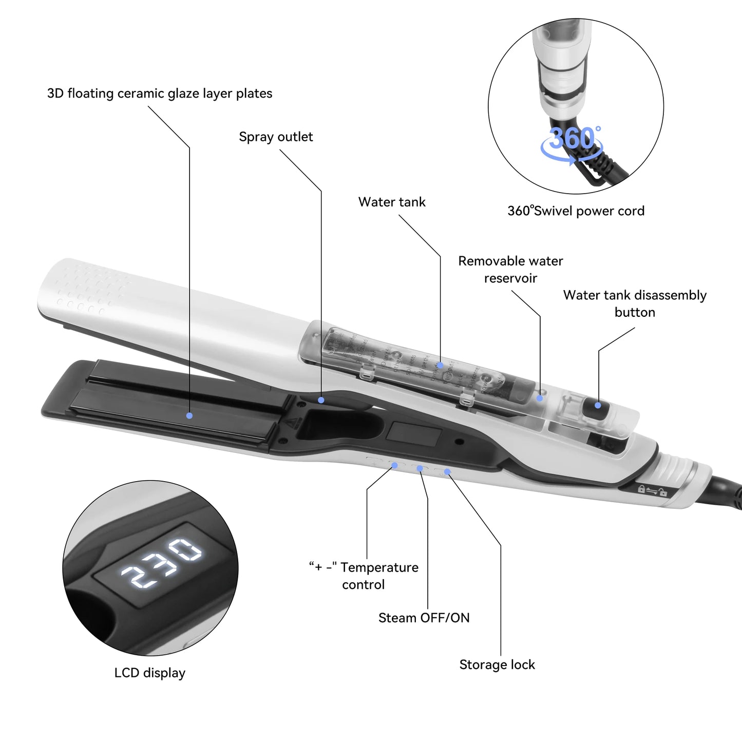 Steam Hair Straightener Professional Electric Ceramic Wide Hair Curling Flat Iron Hair Plates Lcd Display Hot Comb Straightening