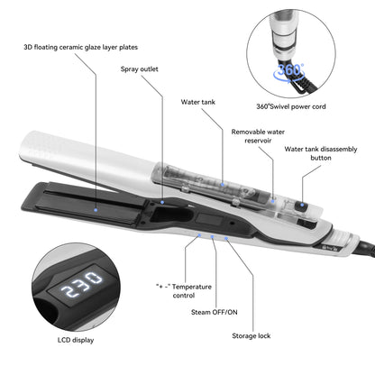 Steam Hair Straightener Professional Electric Ceramic Wide Hair Curling Flat Iron Hair Plates Lcd Display Hot Comb Straightening