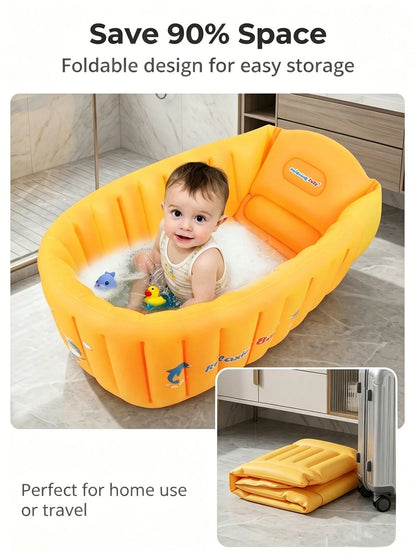 Yellow Inflatable Baby Bathtub Portable Foldable Non Slip Newborn Blow Up Bath Tub Toddler Swimming Pool Travel Shower Basin Air Padding