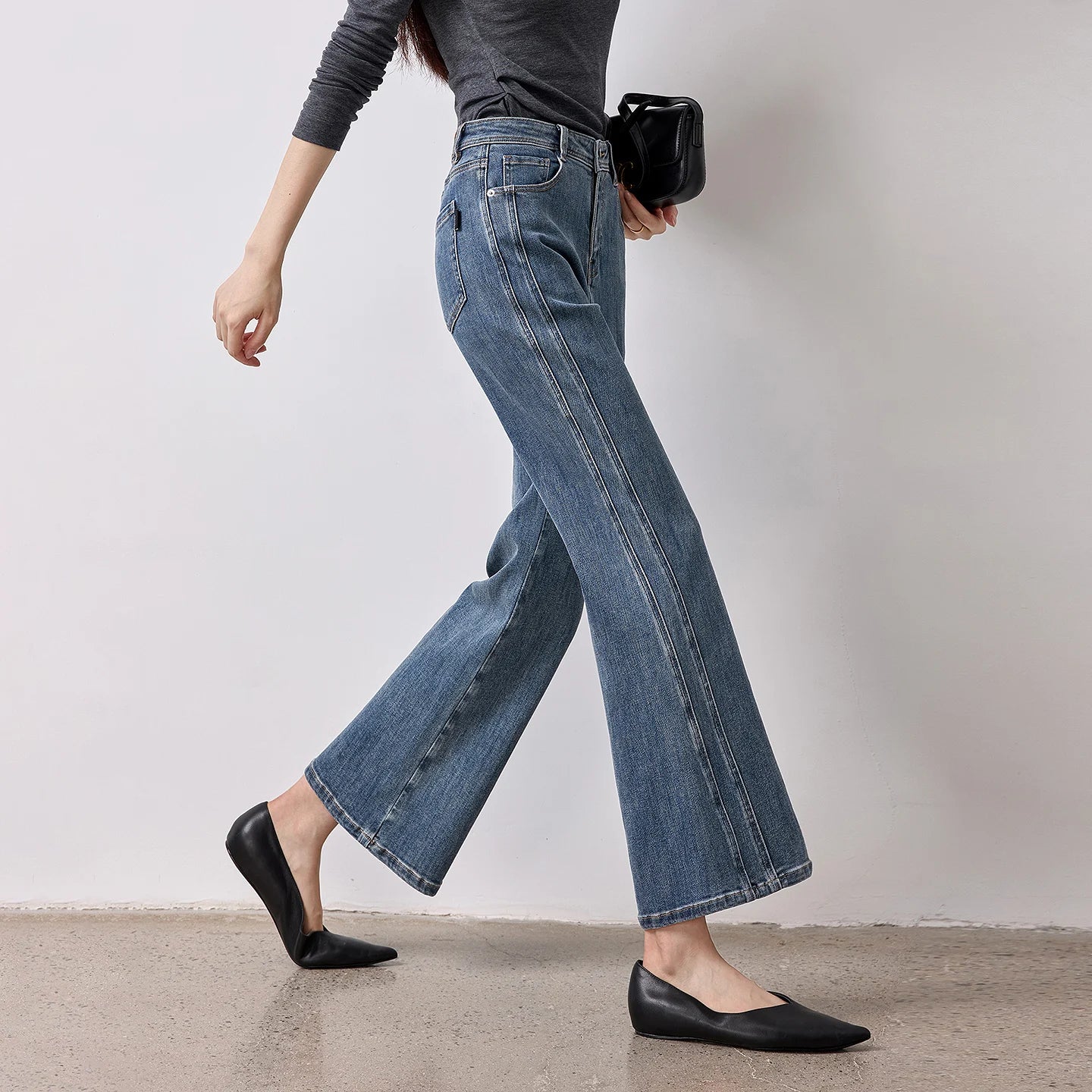 TOYOUTH Women's Glazed Blue Deconstructed Splicing Stretch Cotton Jeans 2026 Autumn New Slim Fit Flared Chic Denim Trousers