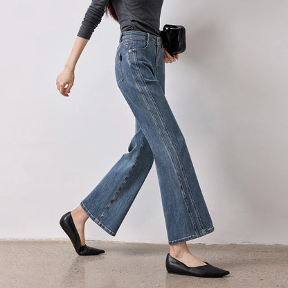 TOYOUTH Women's Glazed Blue Deconstructed Splicing Stretch Cotton Jeans 2026 Autumn New Slim Fit Flared Chic Denim Trousers