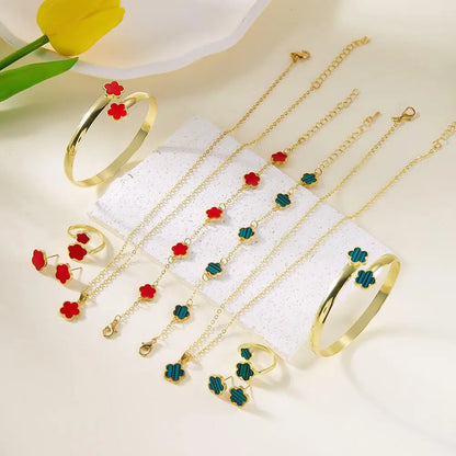 5 Pcs Set Jewelry Stainless Steel Five Leaf Clover Bracelets For Women Elegance French Niche Necklaces Bracelets Earrings
