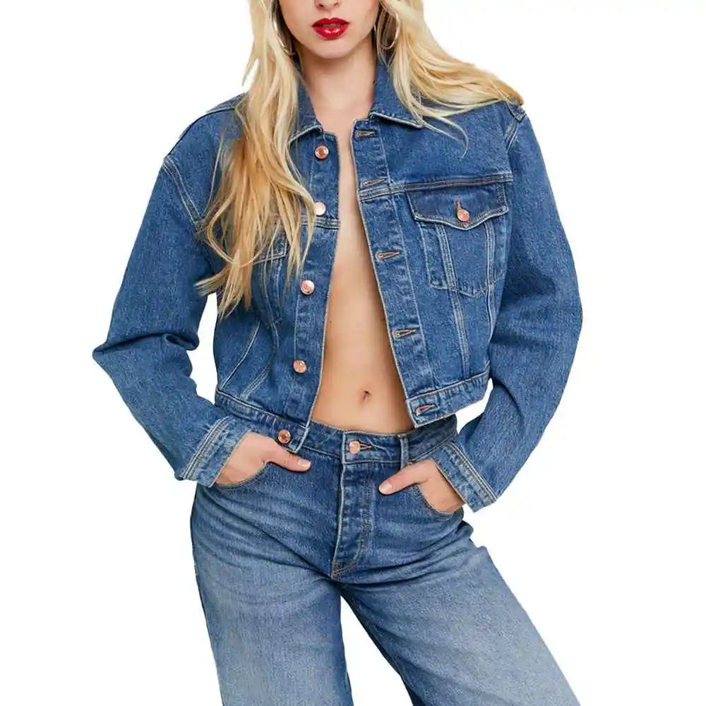 Women Casual Denim Jacket Light Wash Button Detail Spring Autumn Versatile Streetwear Outerwear