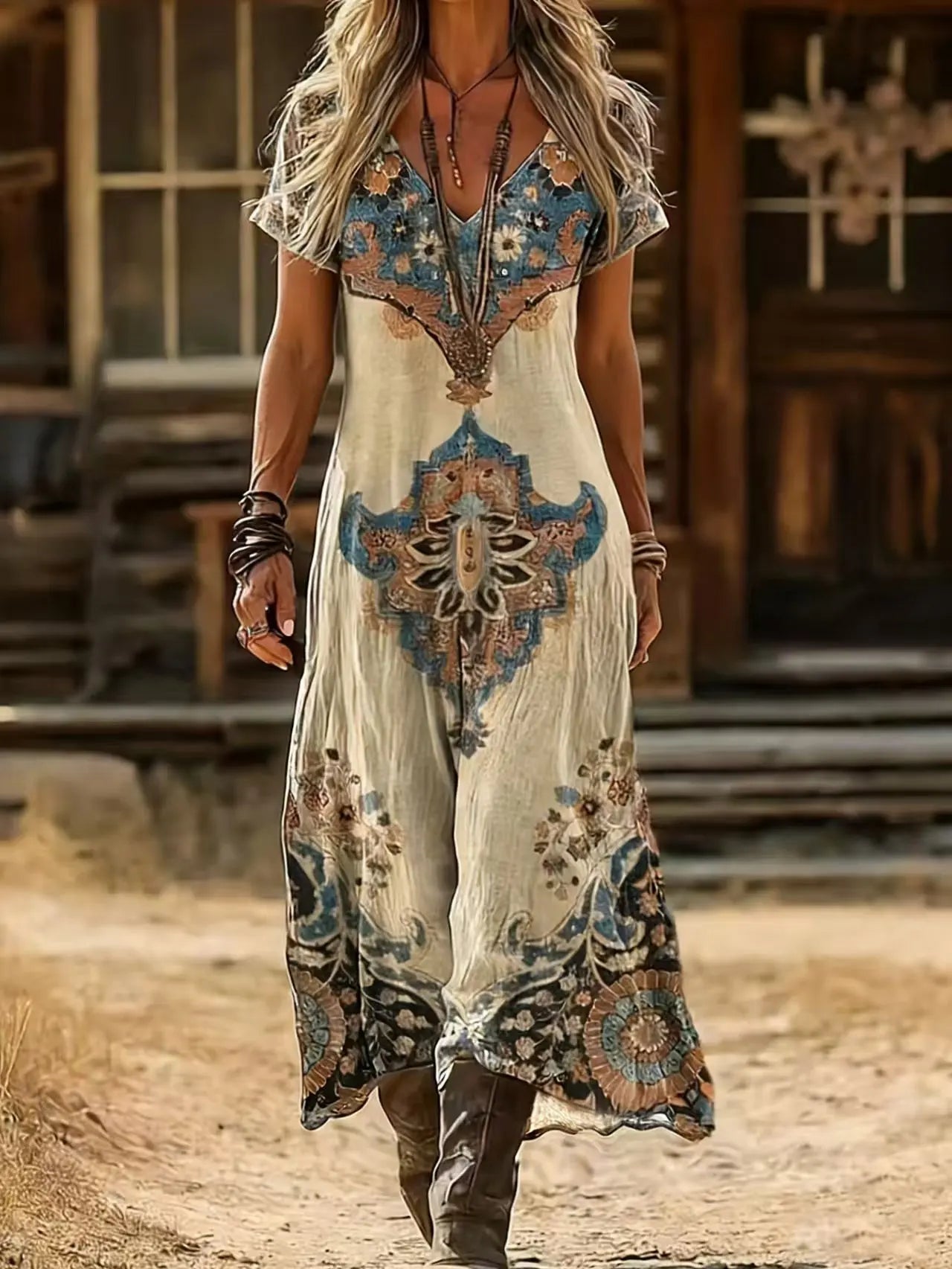 Plus Size Summer New Arrival Retro Ethnic Tie-Dye Dress V-Neck Short Sleeve Loose Boho Vacation Maxi Skirt