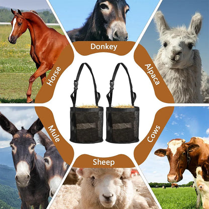 Horse hay feeding bag with adjustable neck, portable outdoor pet animal feed bag, easy to carry, suitable for horses, cattle, sheep, mules, and donkeys