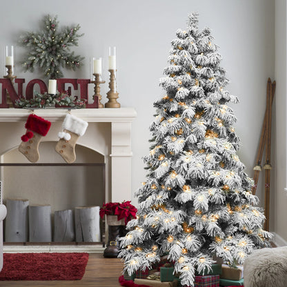 7FT Pre-lit Flocked Artificial Christmas Tree, Snow Flocked Xmas Tree with 360 Warm White LED Lights, 890 PVC Memory Wire Tips, Hinged Structure for Indoor Holiday Decor