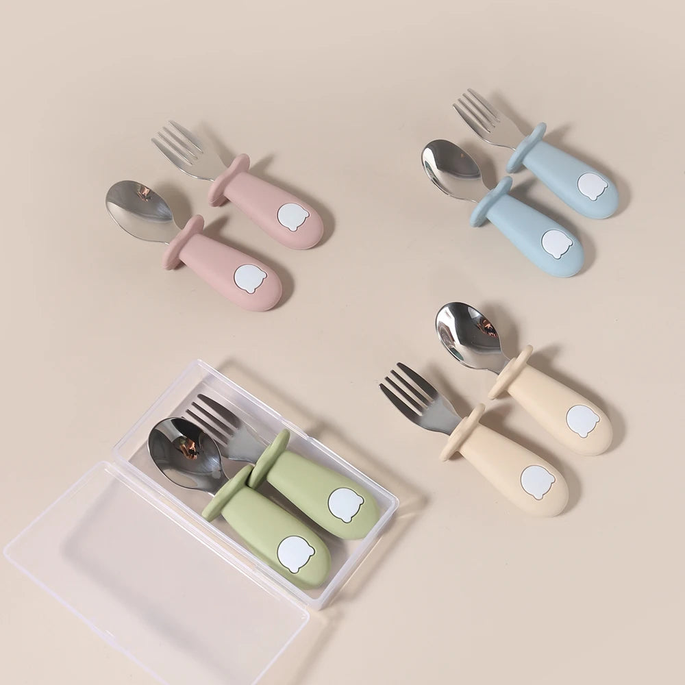 Custom Name Baby Panda Spoon Fork Set | First Self Feeding Utensils for Toddlers Stainless Steel Weaning Set with Travel Case