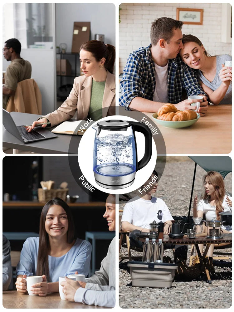 Sonifer 1.7L Glass Electric Kettle SF-2079, 2200W Fast Boil, Cordless, Blue LED Light, Auto Shut-Off, Dry Boil Protection