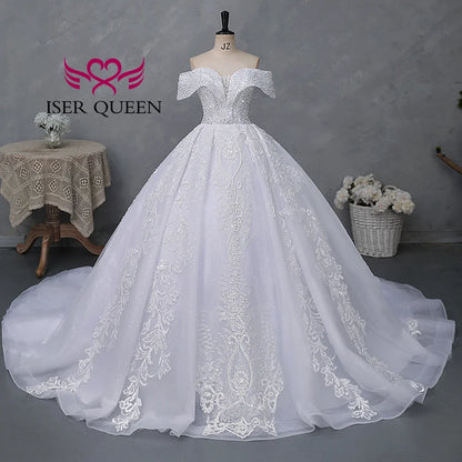 Customized America Fashion Deep V neck Luxury Wedding Dresses 2026 Off Shoulder Heavy Beading Bride Dress Ball Gown WX0465