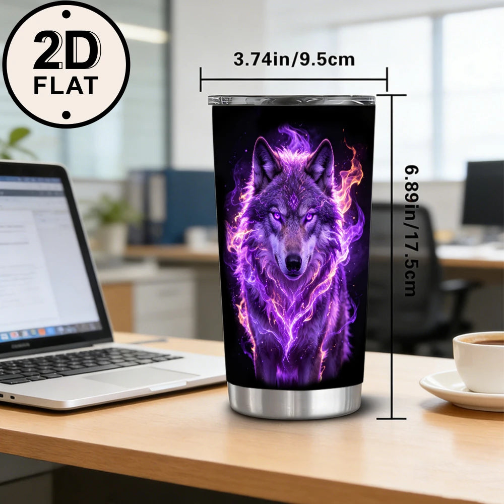 20oz Glowing Purple Fire Wolf Printed Stainless Steel Tumbler with Lid and Straw, Mystical Fantasy Spirit Animal Dark Gothic Vacuum Insulated Travel Coffee Mug Gifts for Men Women