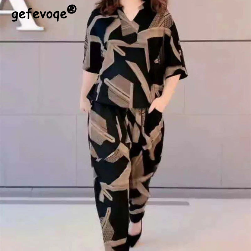 Casual Fashion Geometric Letter Printing Pant Sets Summer Short Sleeve