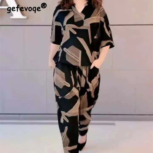 Casual Fashion Geometric Letter Printing Pant Sets Summer Short Sleeve