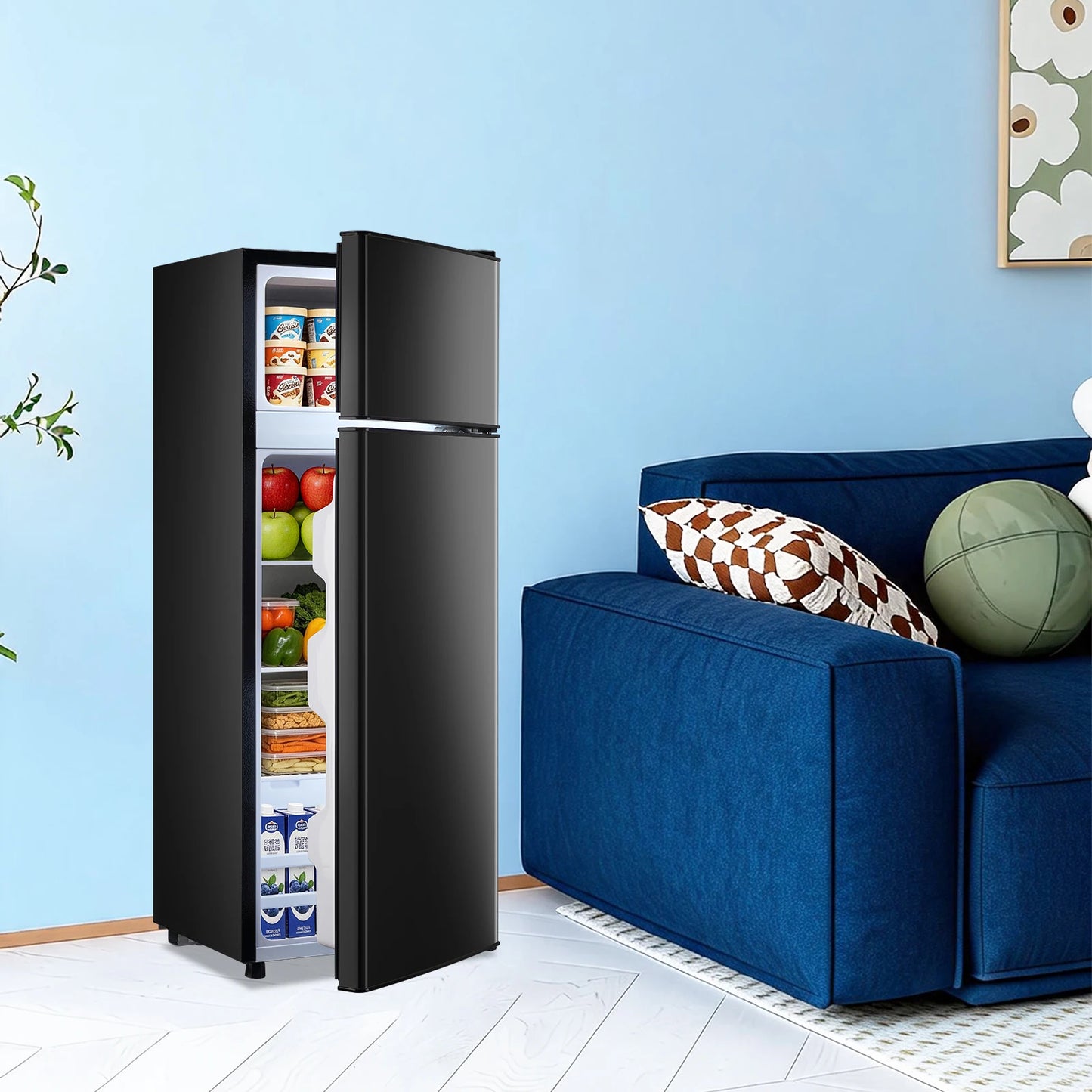Mini Refrigerator with Top Freezer 66 Liter Dual Door Small Refrigerator with 7-Level Adjustable Thermostat for Office, BLACK