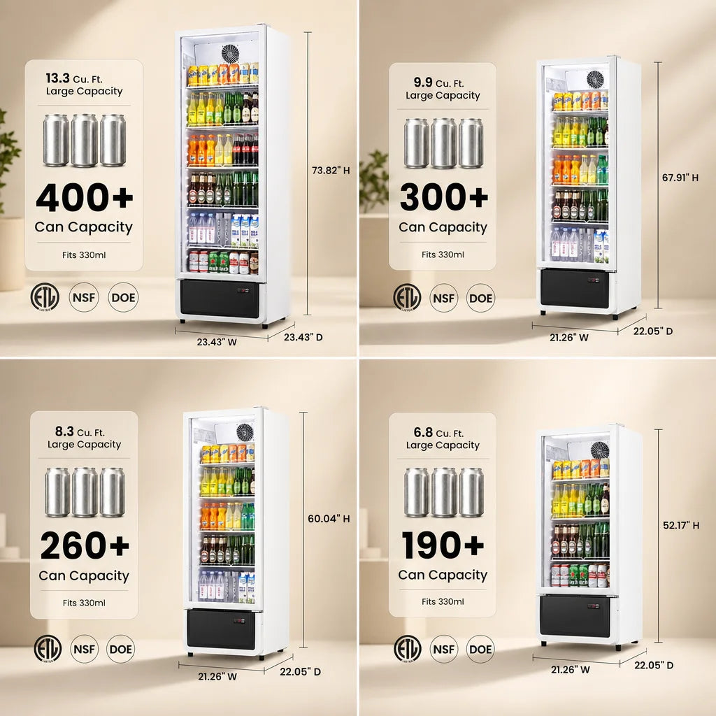 Yeego Commercial Merchandiser Refrigerator ETL & DOE Certified Air Cooled Beverage Display Cooler 32–50°F Adjustable Temp LED Light Lockable Casters, Easy Clean Vent Grille Multi Sizes Available for Convenience Store Café