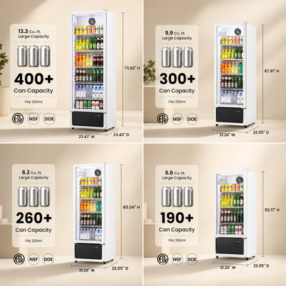 Yeego Commercial Merchandiser Refrigerator ETL & DOE Certified Air Cooled Beverage Display Cooler 32–50°F Adjustable Temp LED Light Lockable Casters, Easy Clean Vent Grille Multi Sizes Available for Convenience Store Café