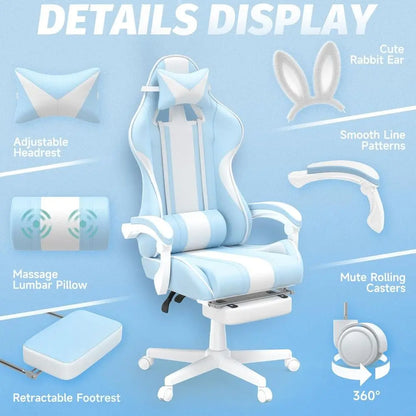 Light Blue Ergonomic Gaming Chair with Bunny Ears, Reclining Massage Chair for Teens and Adults