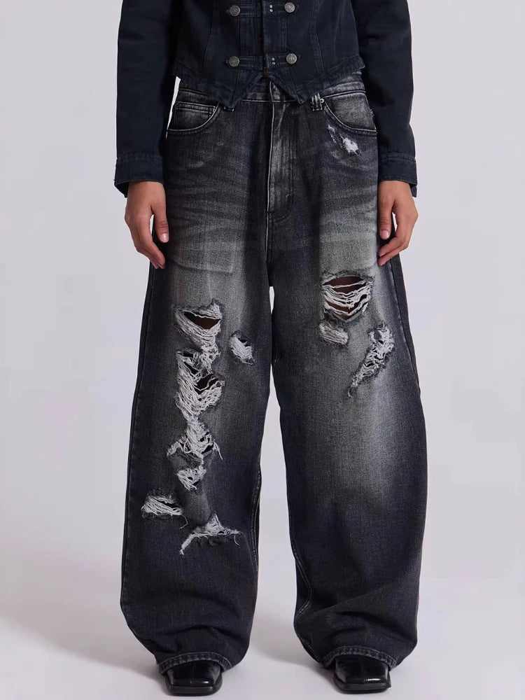 HOUZHOU Y2k Gothic Vintage Graphic Women Man Ripped Jeans Grunge Washed Wide Leg American Style Denim Trousers Baggy High Street