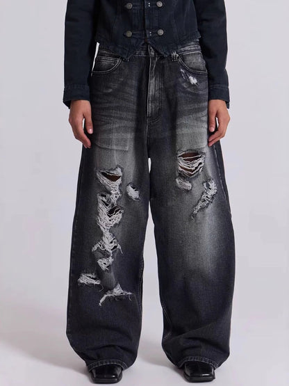 HOUZHOU Y2k Gothic Vintage Graphic Women Man Ripped Jeans Grunge Washed Wide Leg American Style Denim Trousers Baggy High Street