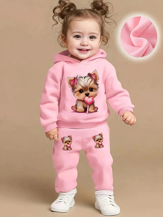 A cute dog pattern printed fleece hoodie and pants set for baby girls in autumn and winter for newborns