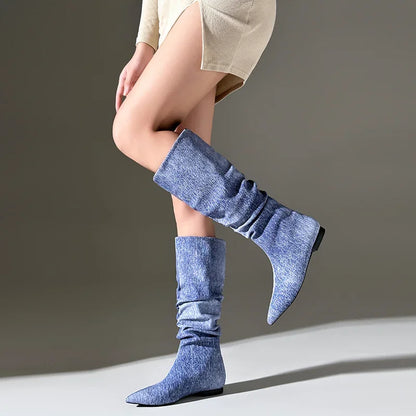 Silver Flat Bottomed Fashion Pleated Boots Big Size 36-47 Stone Grain Knee High Boots Pointed Denim Low Heels Sexy Women Shoes