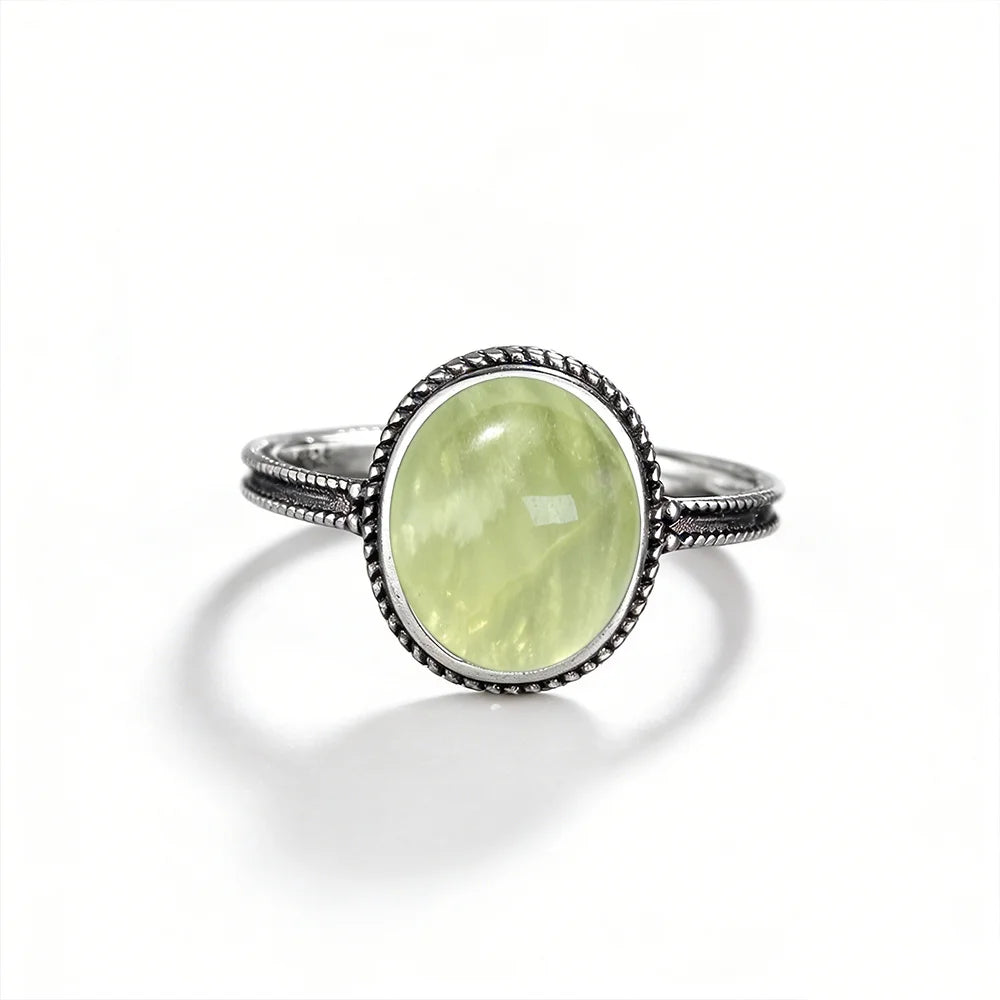 925 Sterling Silver Ring With Natural Prehnite Stone 8*10mm Oval Shape With Crystal Flower Design Gifts Fine Jewelry For Women