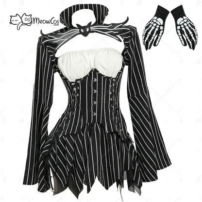 MEOWCOS Women's Jack Cosplay Costume Halloween Gothic  Long Sleeve Top with Skirt and Gloves