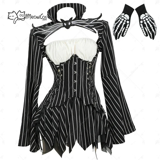 MEOWCOS Women's Jack Cosplay Costume Halloween Gothic  Long Sleeve Top with Skirt and Gloves