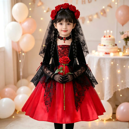 Kids Girls Cosplay Gothic Dark Ghost Bride Witch Vampire Halloween Costume Red Black Tutu Dress Wig Veil Kits Trick or Treat