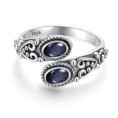 925 Vintage Silver Ring with Natural Moonstone 6*8mm Adjustable Rings Flower Bohemia Style Fine Jewelry for Women