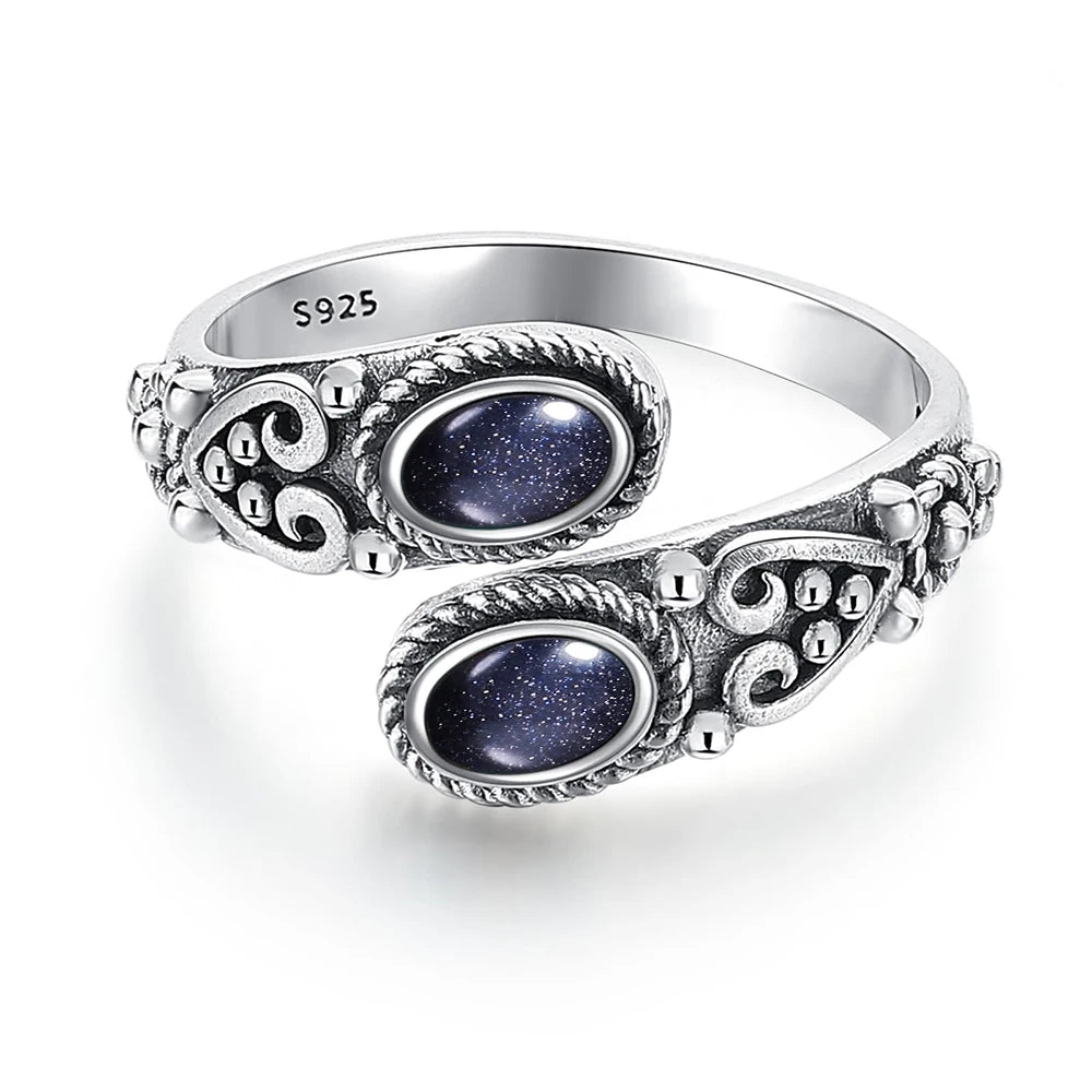 925 Vintage Silver Ring with Natural Moonstone 6*8mm Adjustable Rings