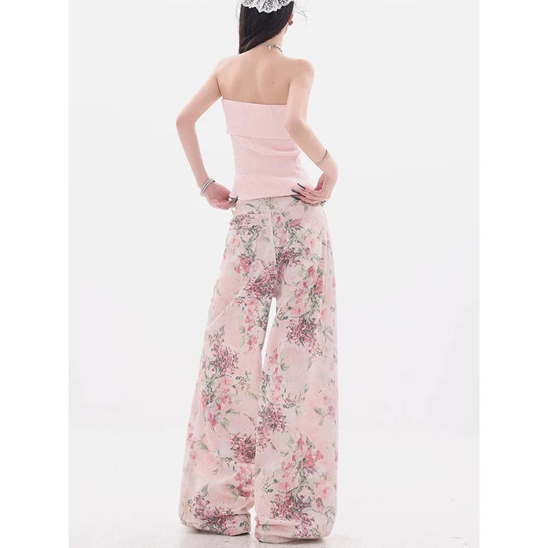 New Women Chinese Style Pink Embroidered Jeans Summer Casual Wide Leg Floor Length Pants with Printed Design