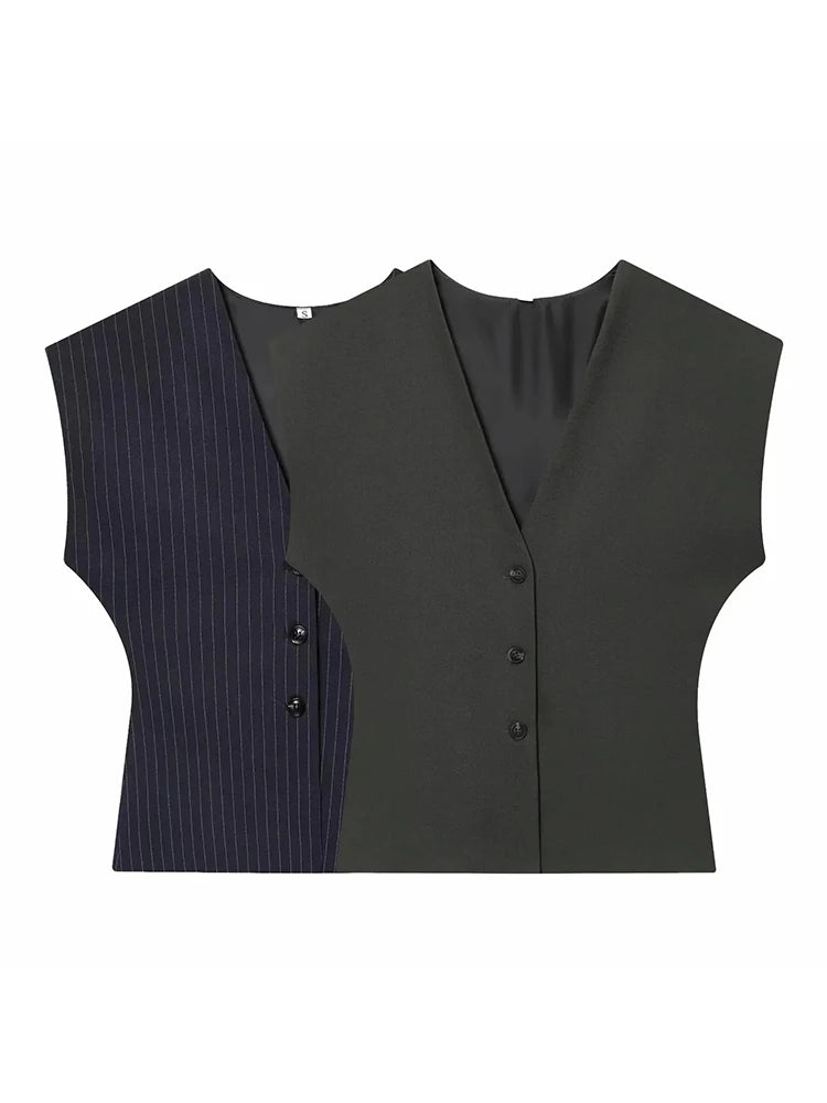Women Fashion 2-Piece Set Single-breasted Sleeveless V-Neck Pinstripe Vest+Summer Pleated Loose Pocket Belt Zipper Pants