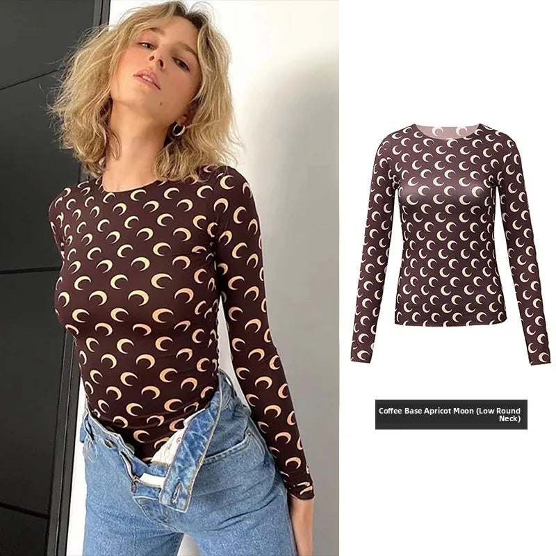 Sweet Two Piece Set Women American Retro Layered Outfit Long Sleeve Moon Print Top Ice Silk Pants Sexy Casual Autumn Fashion