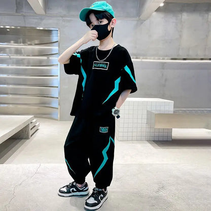2026 Summer Boys Clothes Set Letter Top & Pants 2 Pieces Suit Teenage Boy Print Tracksuit Cool Boy Style Children Outfit