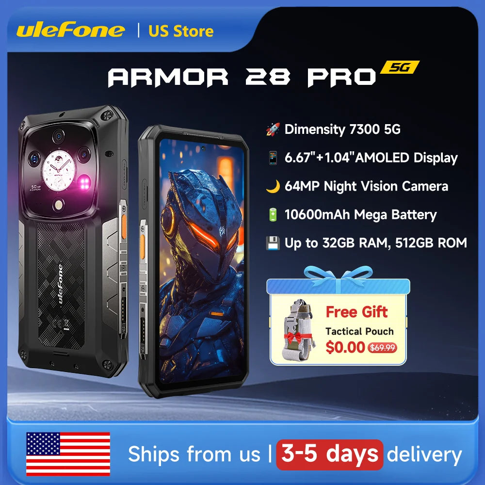 Ulefone Armor 28 Pro 5G AI Rugged Phone 6.67”AMOLED 64MP Smartphone 120W MTK Dimensity 7300 10600mAh 512GB ROM Mobile Phone