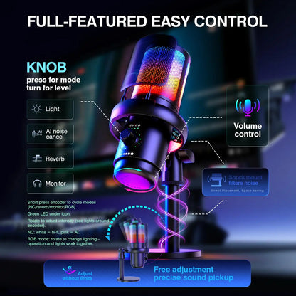 USB Gaming Streaming Microphone with RGB Light, AI Noise Reduction Podcast Mic Kit