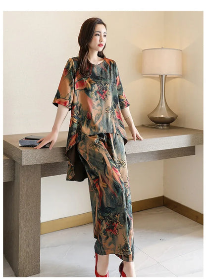 New Women Summer Loose Printed Set Lady Wide-Leg Pants Two-Piece Set Woman Casual Set Ladies Outwear Short-Sleeve Long Pants Set