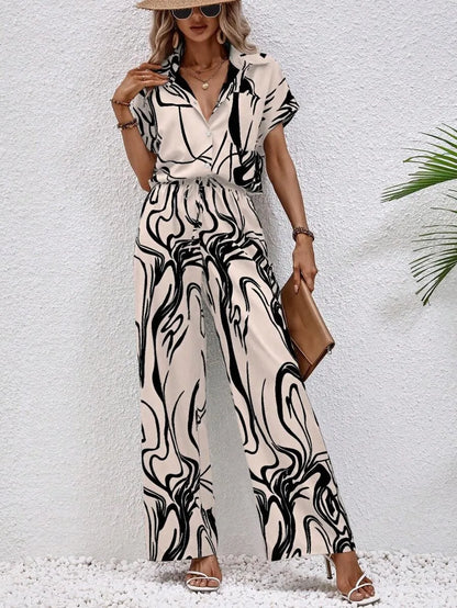 Women's 2026 Fashionable Printed Short Sleeve Shirt And Elastic Waist Wide Leg Pants Suit Set Casual Daily Commuting Spring Wear