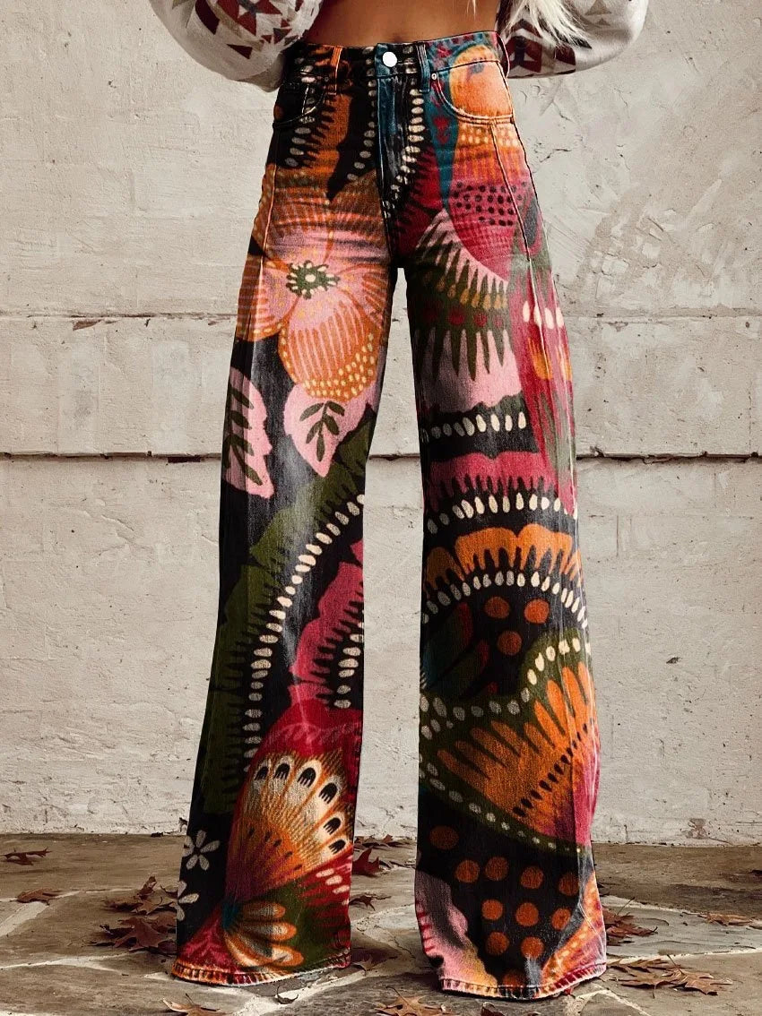 Women's 3D Printed Flare Jeans-Polyester Wide Leg Pants with Distressed Vintage Look, High Waist Comfort Fit for Street Fashion