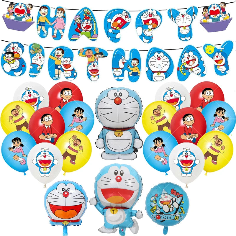 Doraemoned Balloons Cartoon Blue Jingle Cat Party Decoration Supplies Happy Birthday Banner Disposable Tableware Kid Cake Topper