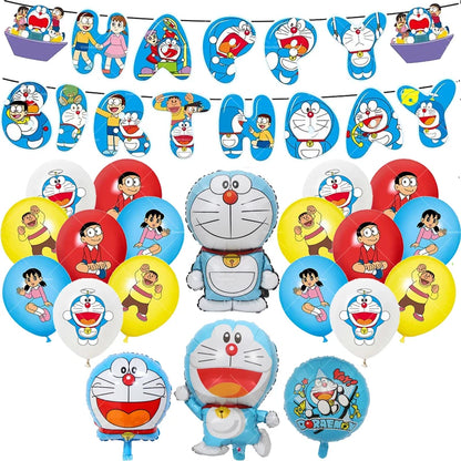 Doraemoned Balloons Cartoon Blue Jingle Cat Party Decoration Supplies Happy Birthday Banner Disposable Tableware Kid Cake Topper